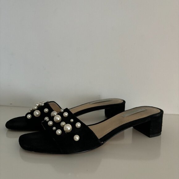 Black Suede Mule Heels with Pearls - Picture 3 of 4